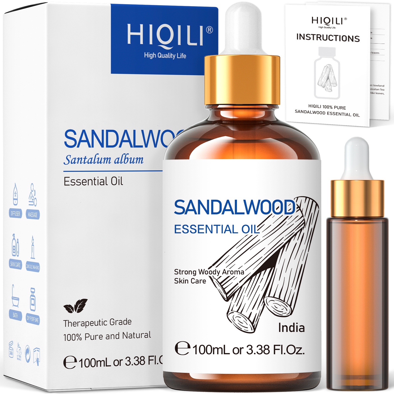 Sandalwood Perfume Oil - HIQILI 100ML Sandalwood Essential Oils,100% Pure